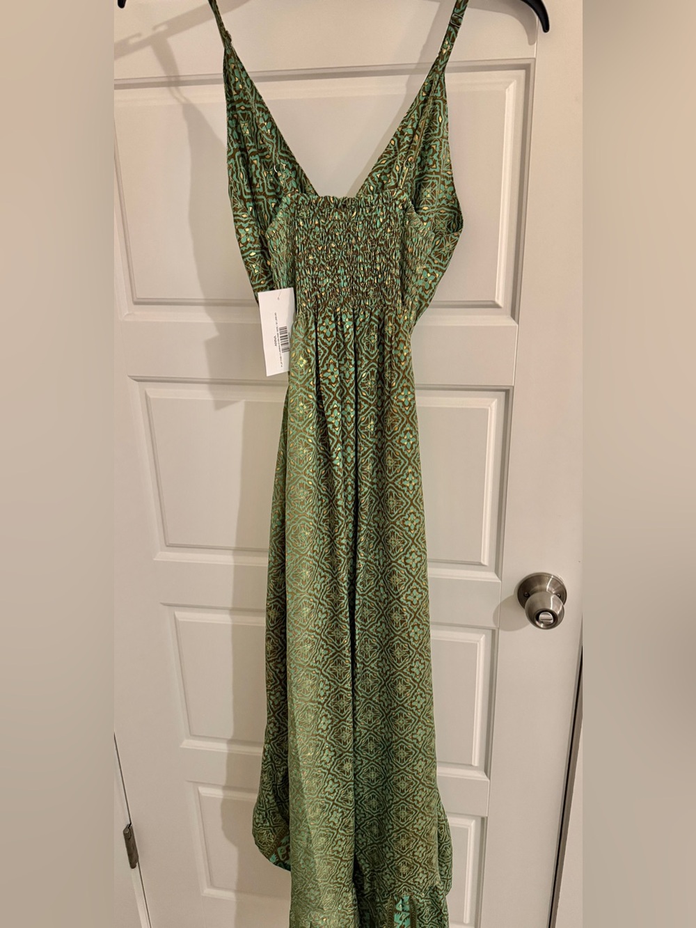 Green Boho High-Low Maxi Dress w/ Smocked Waist & Tassel Tie - Picture 3 of 3